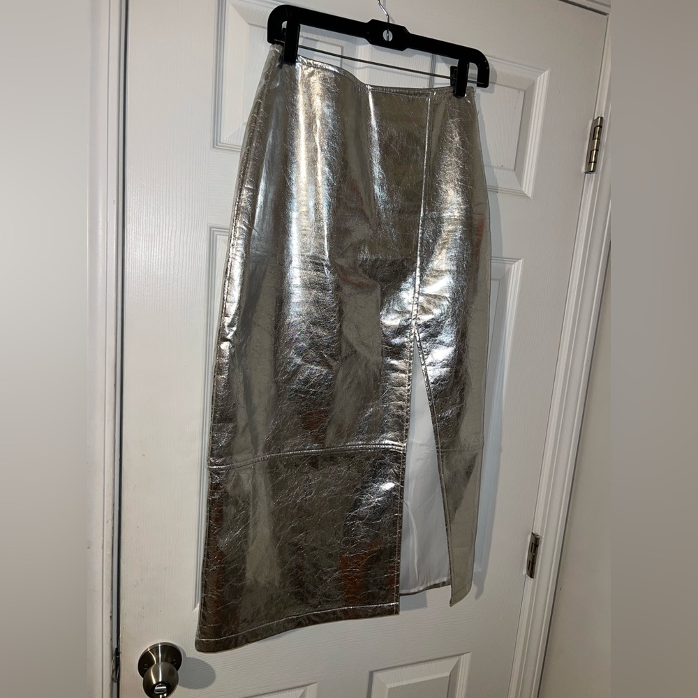 NASTY GAL Silver Metallic Pencil Faux Leather Slit Skirt size 4